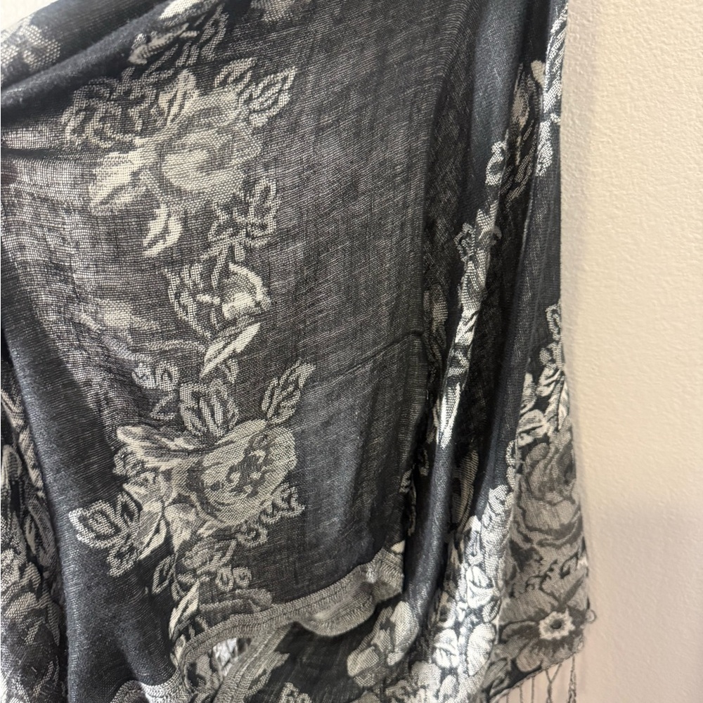 Abercrombie & Fitch Floral Black and Gray Shawl with Fringe - Picture 3 of 4